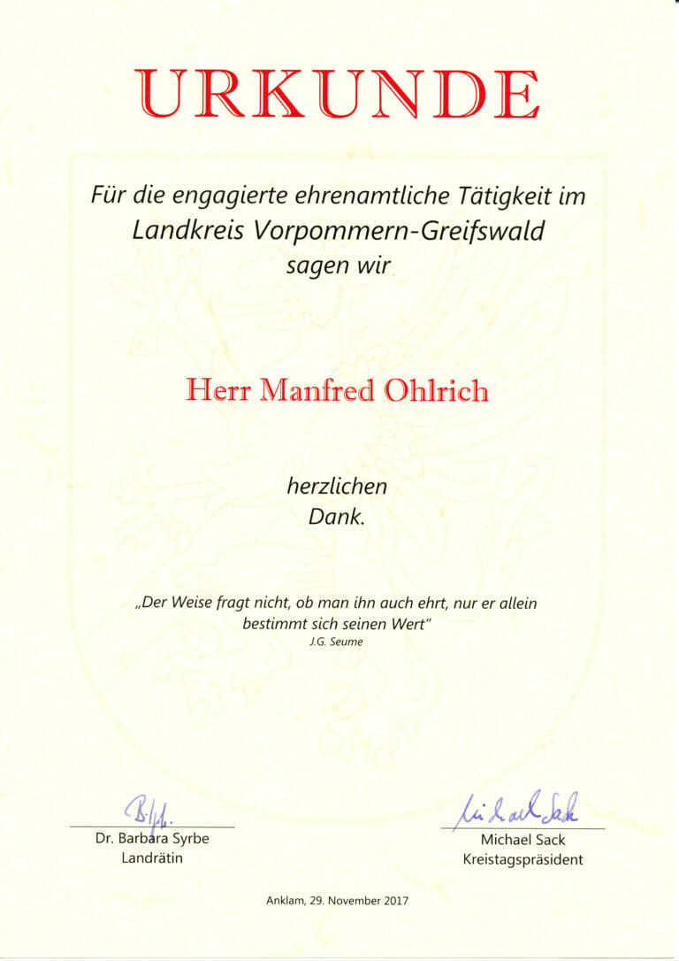 Ehrenurkunde Manfred Ohlrich