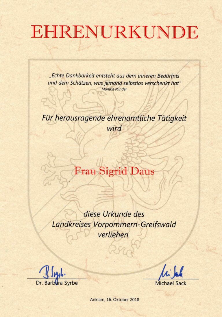 Ehrenurkunde Sigrid Daus