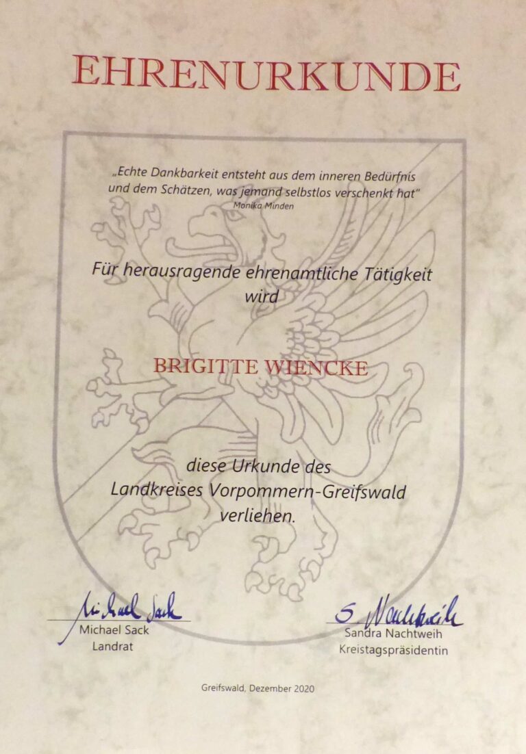 Urkunde Brigitte Wiencke